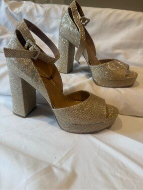Sun + Stone Gold Glitter Platform Block Heel Sandals